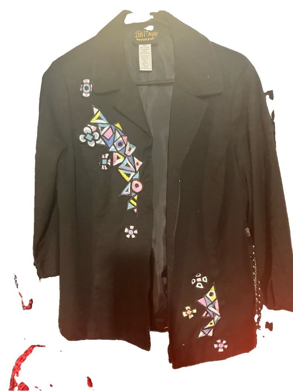Bob Mackie Black Blazer with Multicolor Geometric Embroidery